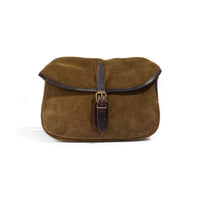 A brown suede messenger bag with dark brown leather trim and a brass buckle closure, photographed against a plain white background.