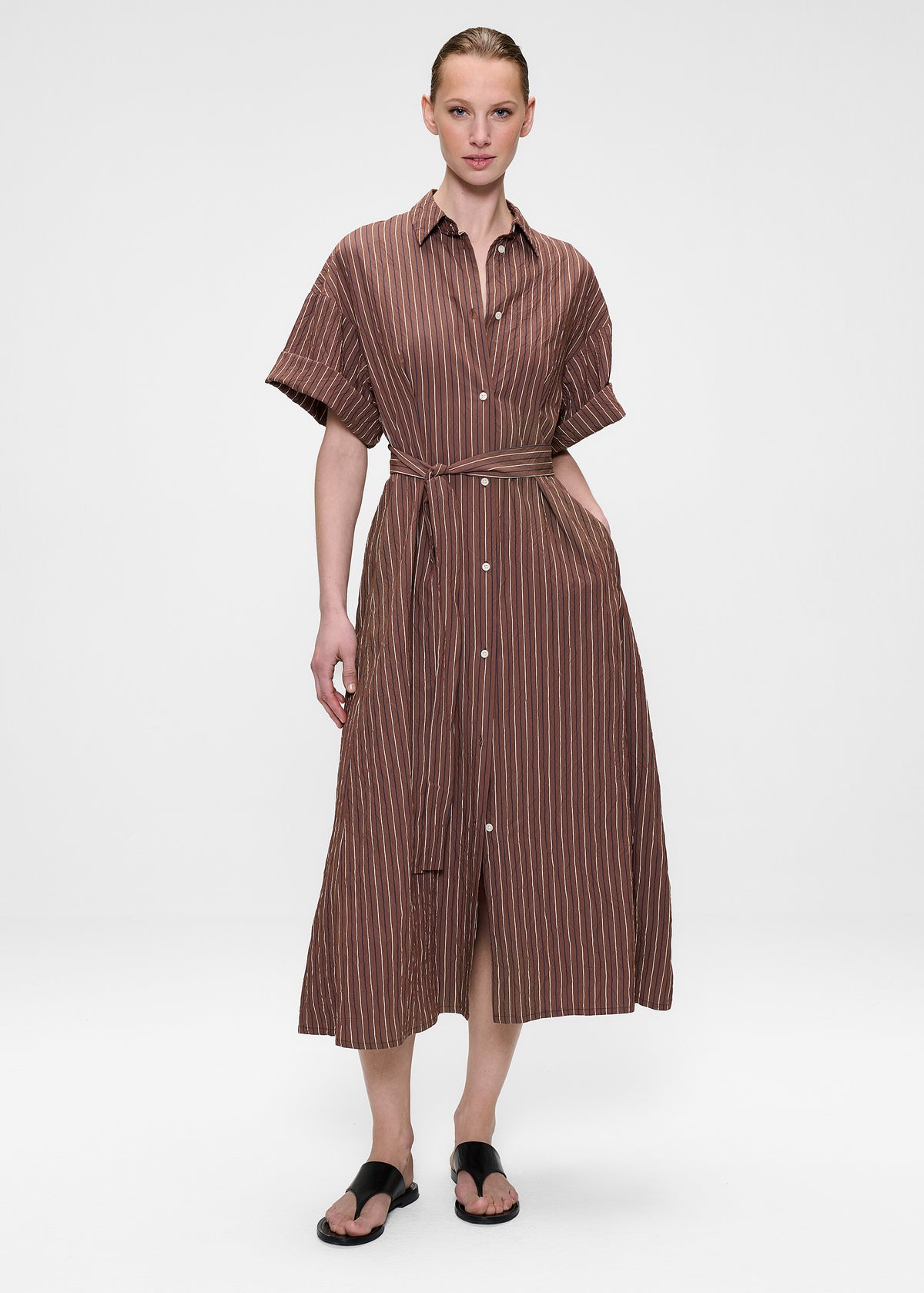 STRIPED WAISTED SHIRT DRESS