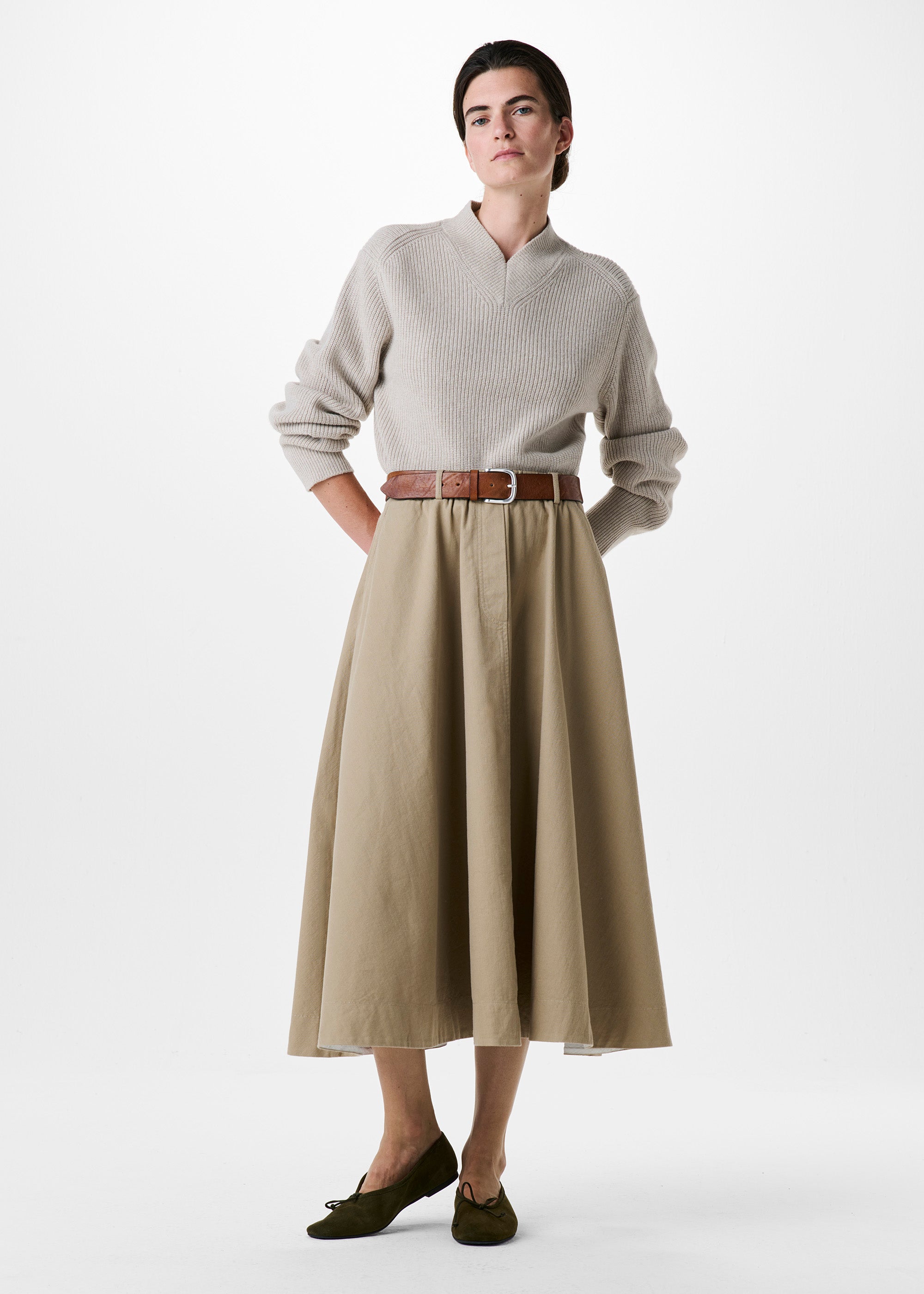 COTTON TWILL LONG WIDE SKIRT